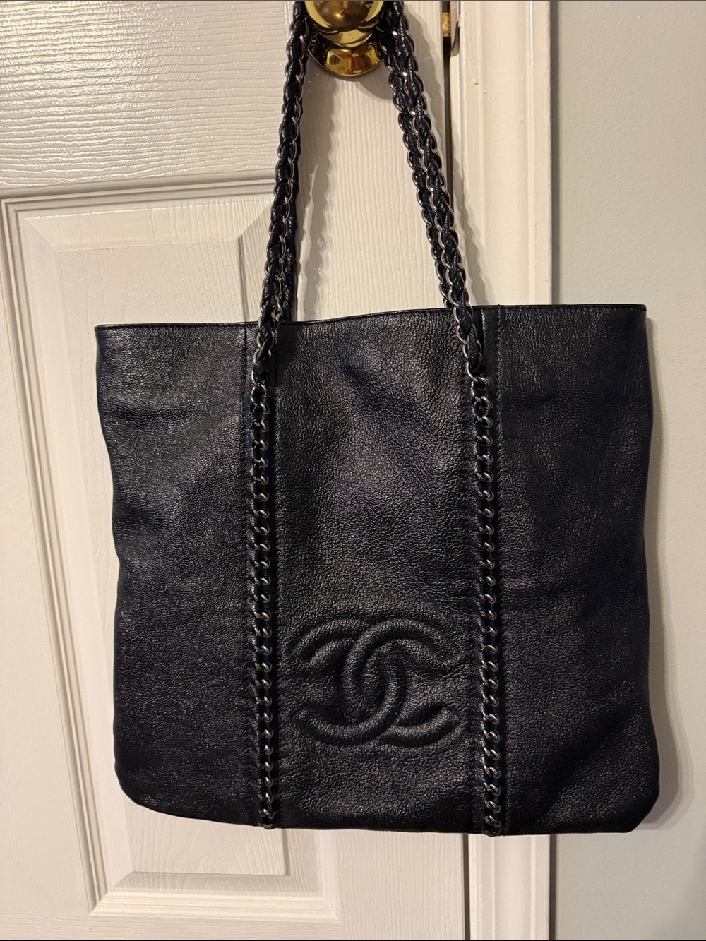 CHANEL Black Leather Quilted-Accented Tote with Chain-Strap